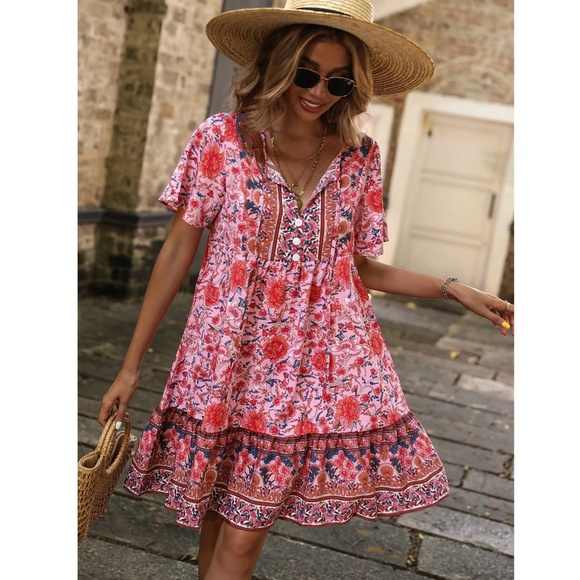 Floral Print Pink Red Flowy Loose Fitting Short Sleeve Mini Dress Neck Ties - Picture 1 of 16